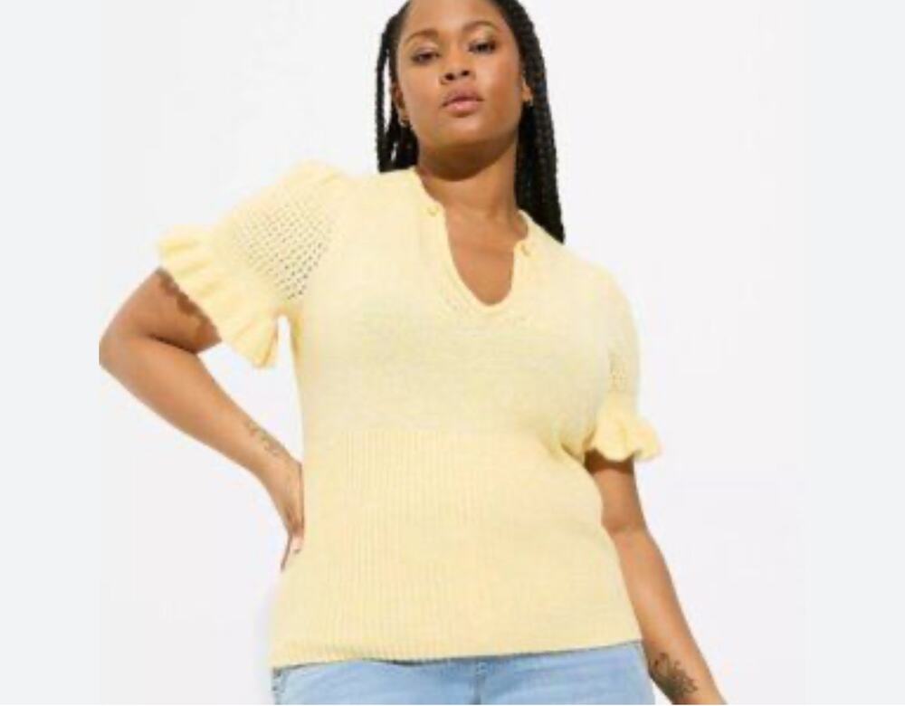 Torrid Vegan Cashmere Pullover V-Neck Ruffle Elbow Sleeve Sweater Sz. 1/ 14-16